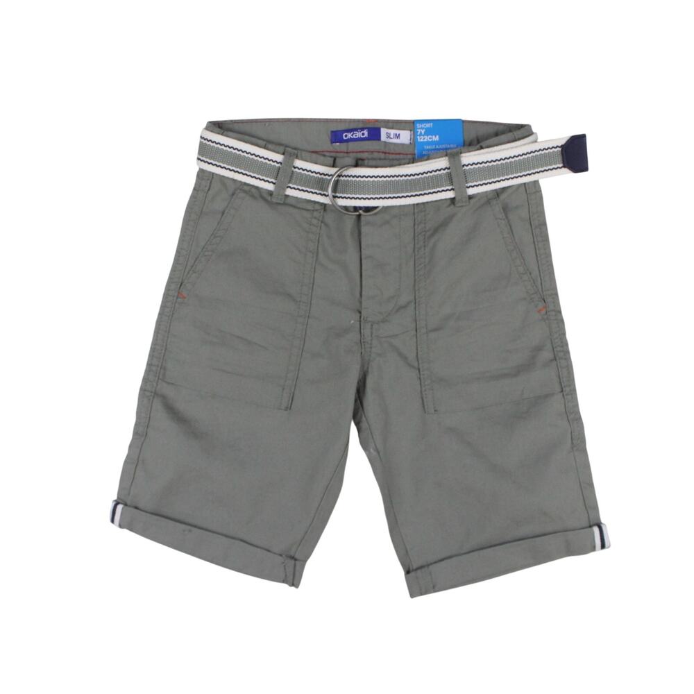 Okaidi Boys Slim bermuda shorts olive grey belted chinos sz 7Y 7 NEW NWT
